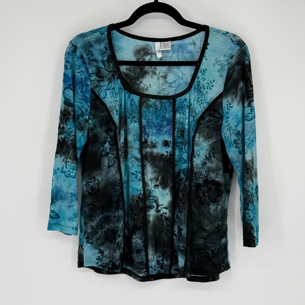 Sami Jo Shirt Blue Paisley XL Black Lace Trim Y2K‎ Fairy Grunge Whimsigoth